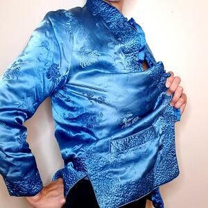 Vintage Satin Quilted Jacket Blue Buttondown Medium